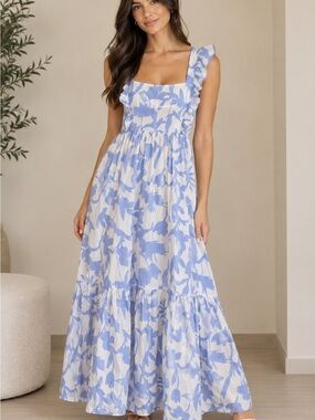 Aakaa White Maxi Dress with Light Blue Floral Print and Ruffle Straps, size S.